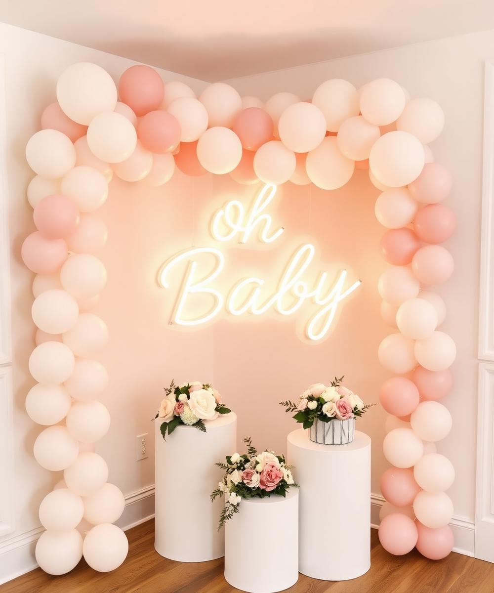 Dekoracja Baby Shower z neonem Oh Baby